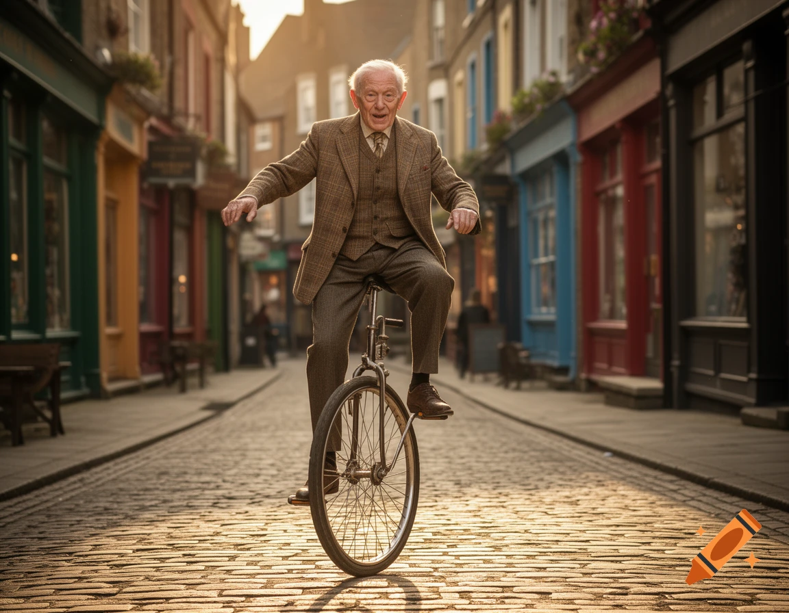 An old man in a tweed suit and vest smiles while balancing on a unicycle on a sunny cobblestone street lined with colorful shops.