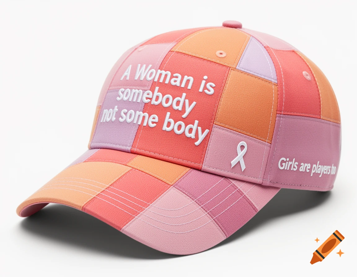 Patchwork baseball cap in pink, coral, orange, and lavender with 'A Woman is somebody not some body' on front, a white breast cancer ribbon, and 'Girls are players too' on the back strap.
