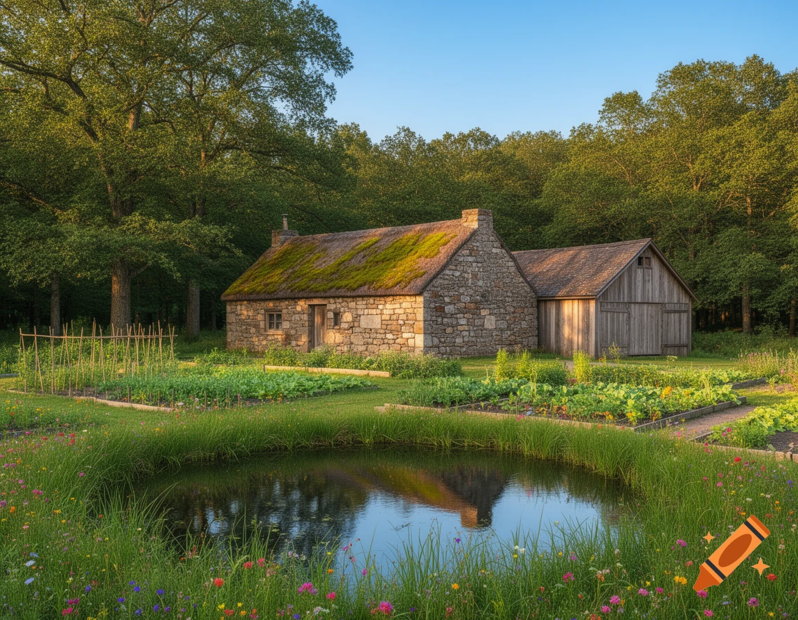 A rustic stone cottage with a mossy roof and a wooden barn next to a tranquil pond, surrounded by a lush vegetable garden and forest under a clear sky.
