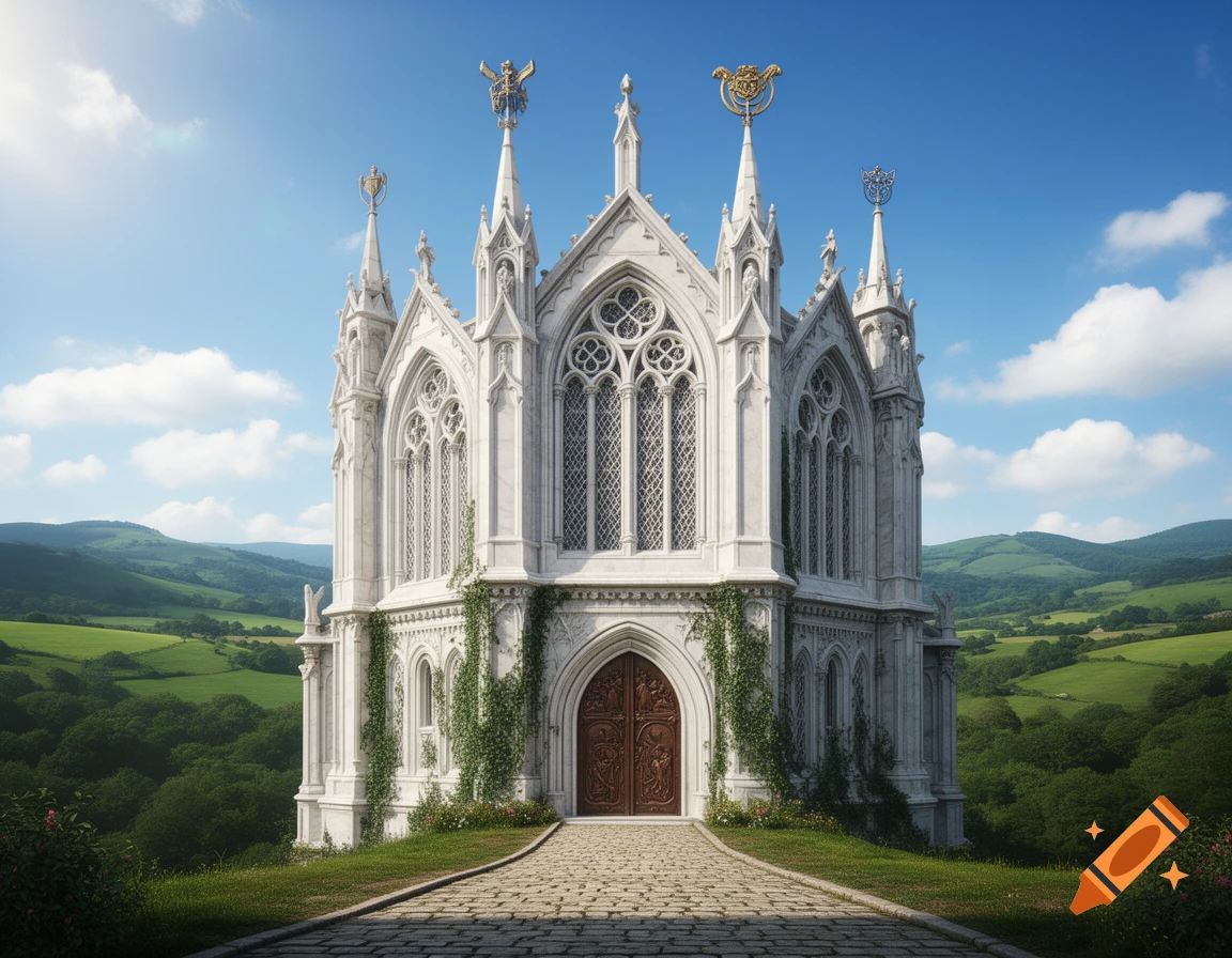 A majestic white Gothic-style building with intricate spires on a grassy hill, surrounded by rolling green landscapes under a blue sky.