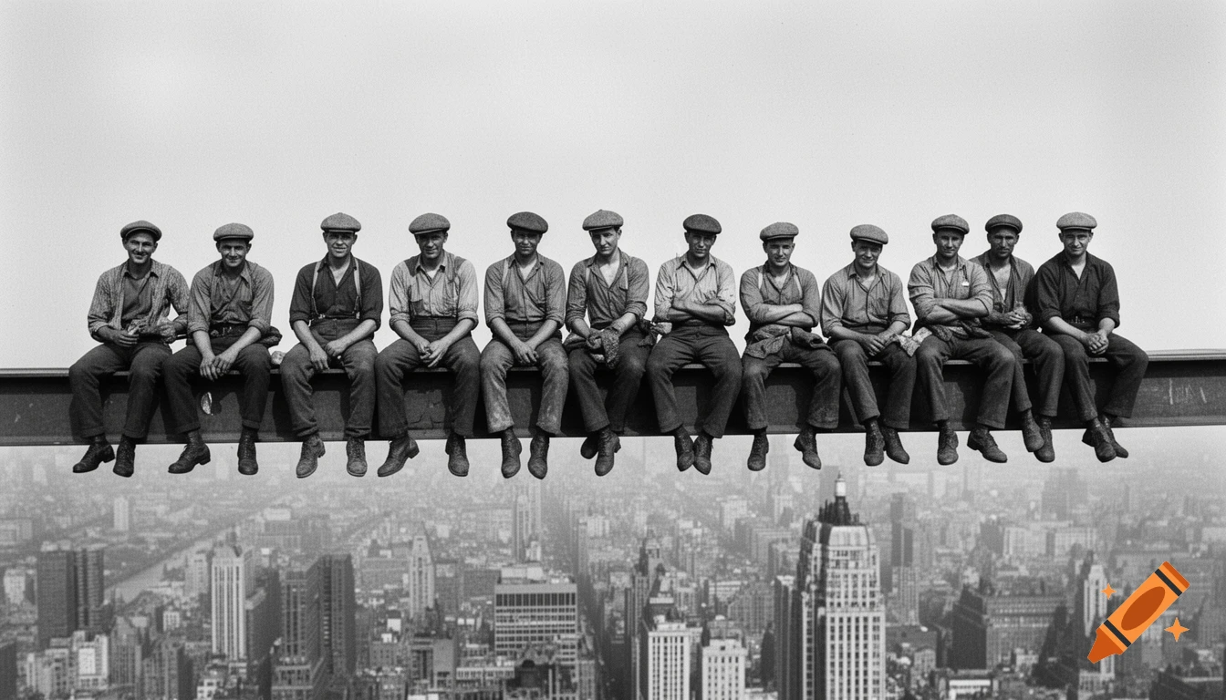 Black and white photo of eleven construction workers sitting on a steel beam high above a sprawling New York City skyline.