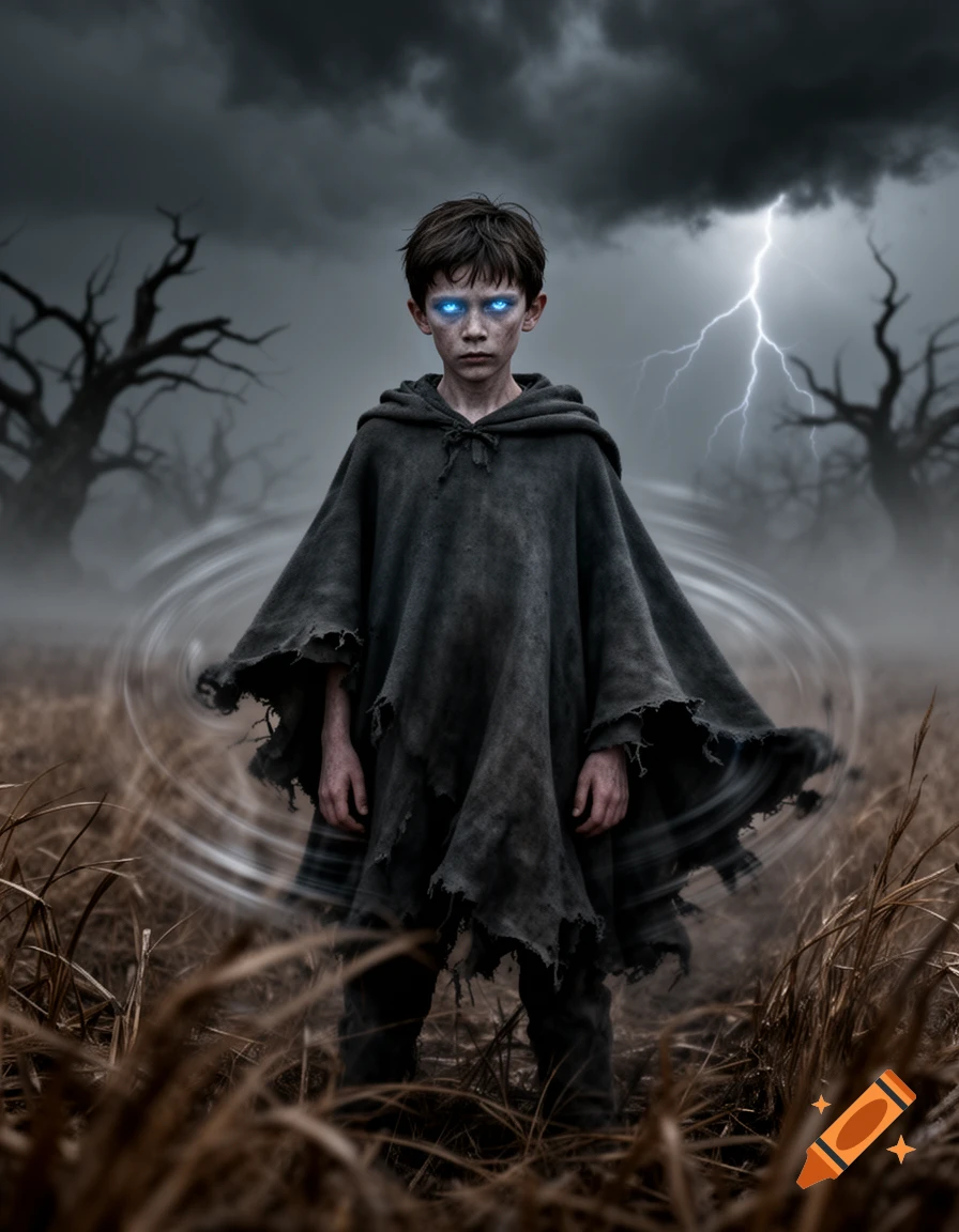 A young boy with glowing blue eyes and a ragged cloak stands in a barren field under a stormy sky with lightning.