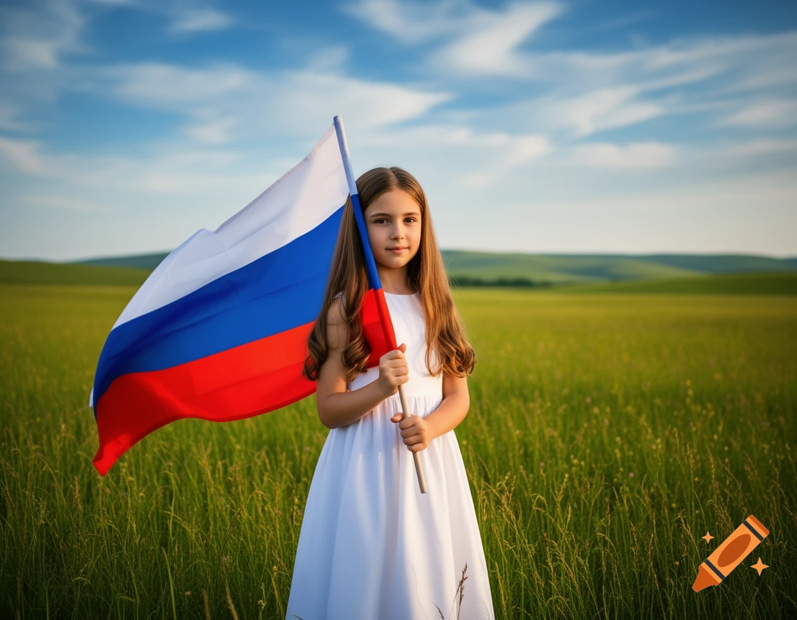 A young girl in a white dress stands in a green field, holding a Russian flag. Photorealistic.