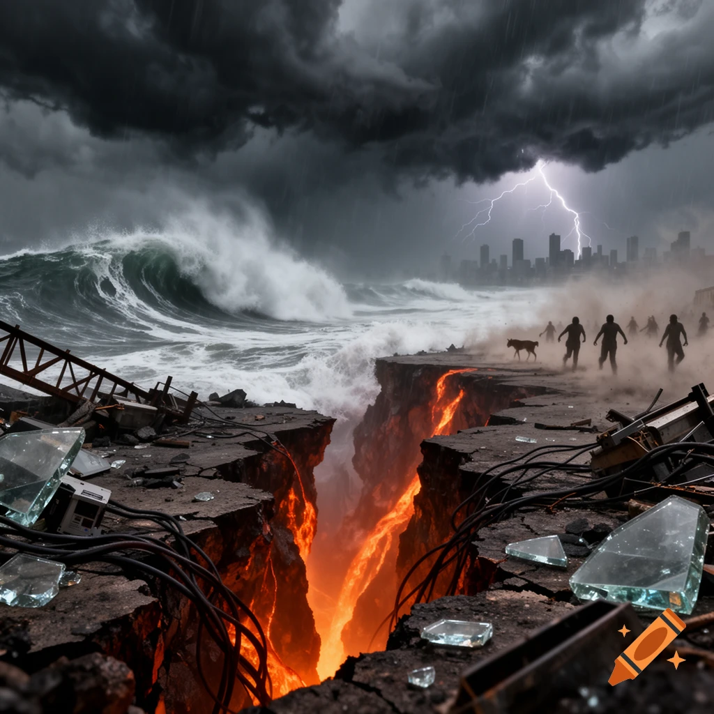 A catastrophic scene showing giant waves, lightning, a city destroyed, and people fleeing from a lava-filled chasm.