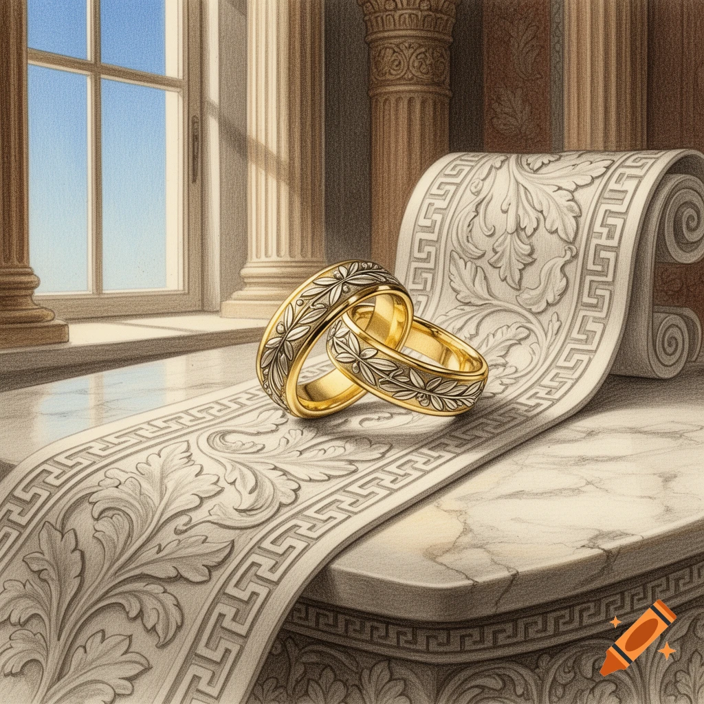 Detailed drawing of two gold wedding rings with floral patterns on a Greek-inspired scroll and marble ledge, framed by classical columns and a window.