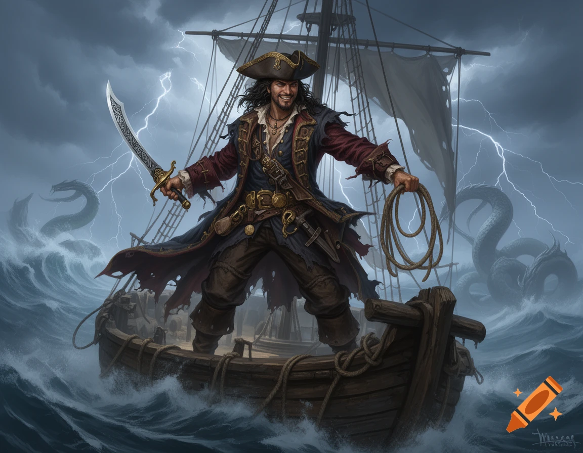 A smiling pirate stands on a small boat, holding a sword and rope amidst a stormy sea with lightning and a sea monster.