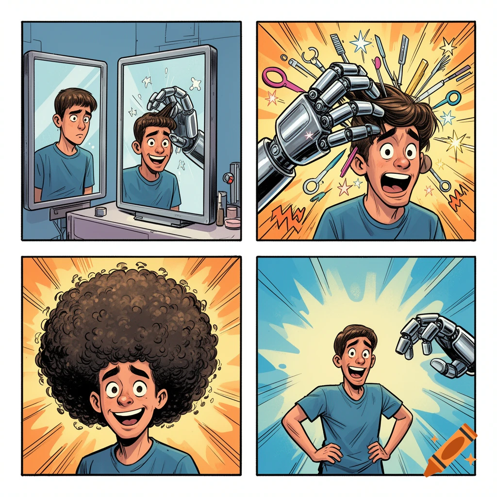 A four-panel comic: A man's short hair transforms into a large afro after a robot hand styles it, leaving him happy.