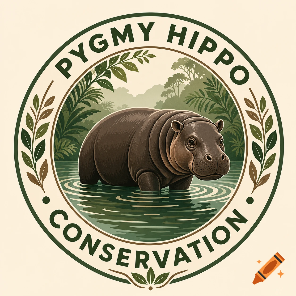 A round logo with a pygmy hippo in water, surrounded by jungle foliage, and text 'PYGMY HIPPO CONSERVATION' on a light background.