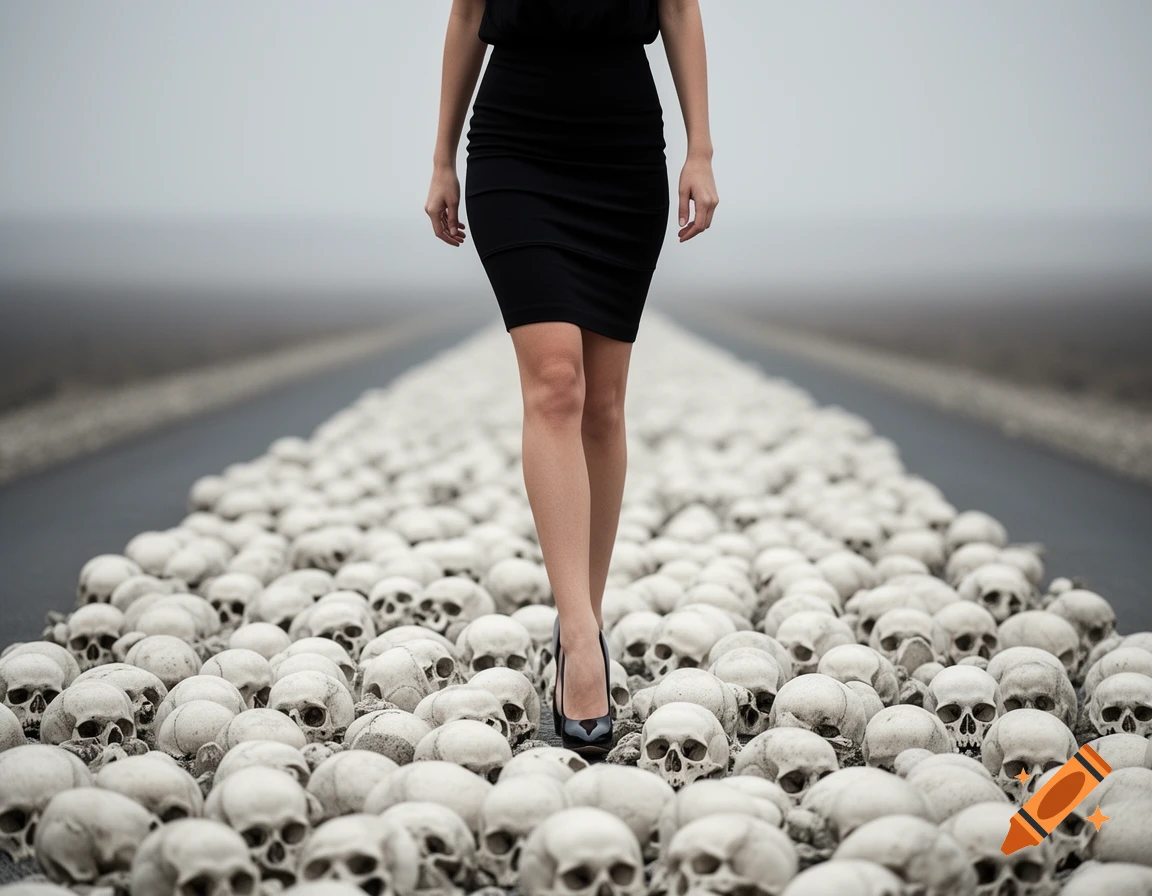 A woman in a black dress and high heels walks confidently on a road covered entirely with human skulls under a cloudy sky.