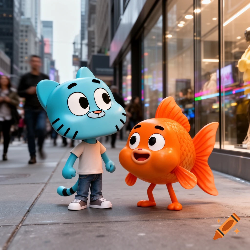 Gumball, a blue cartoon cat, and Darwin, an orange cartoon goldfish, stand on a busy city sidewalk.