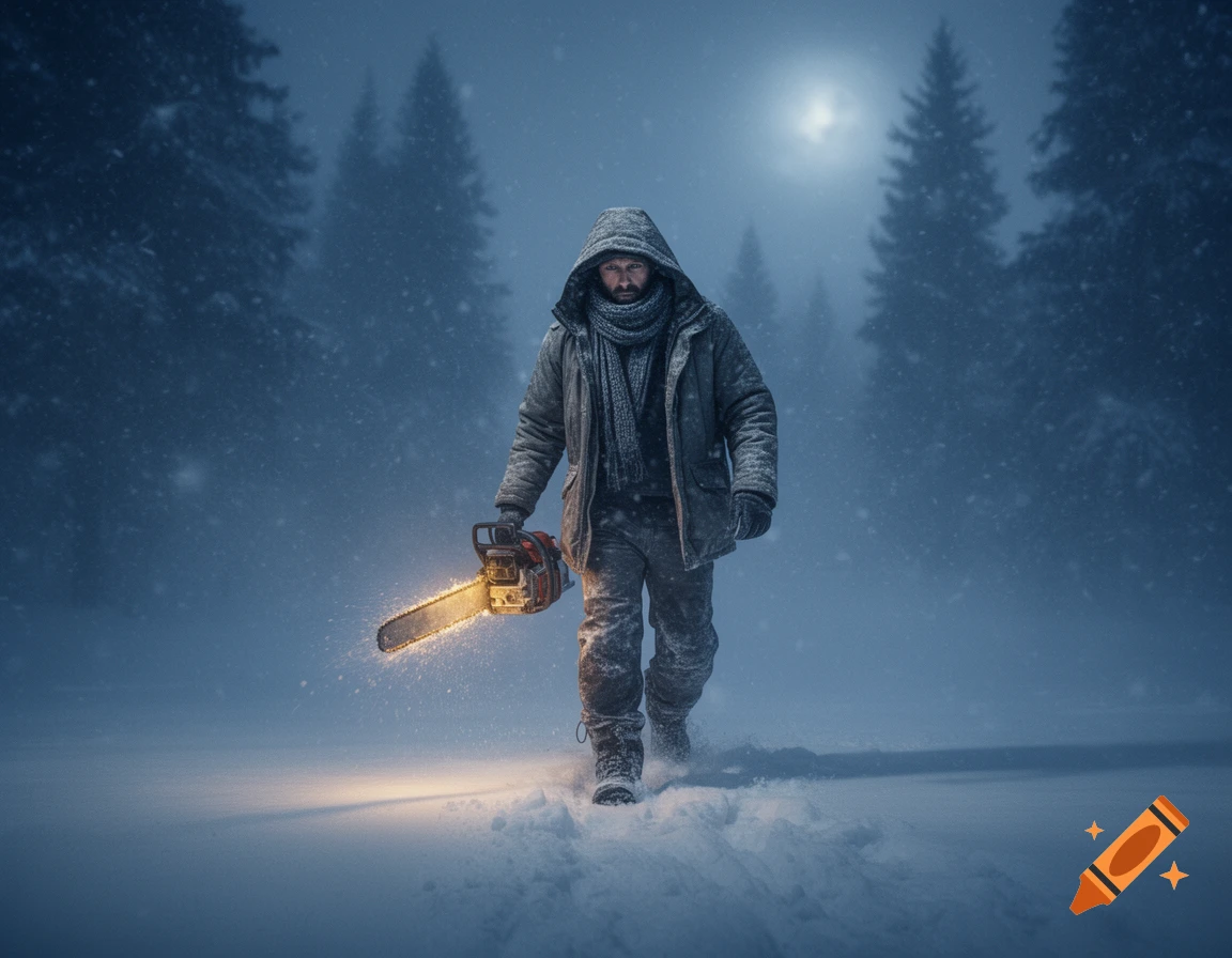 Man in a hooded winter coat and scarf holds a glowing chainsaw, walking through deep snow in a dark, snowy forest at night.