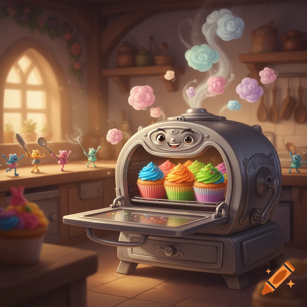 A cute cartoon enchanted oven bakes colorful cupcakes, emitting flower-shaped steam, as small whimsical creatures dance in a kitchen.