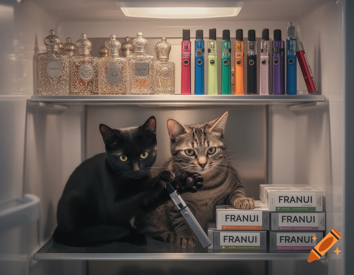 Two cats, a black cat and a tabby, sit in an open refrigerator surrounded by perfume bottles, colorful vape pens, and boxes labeled 'FRANUI'. Photorealistic style.