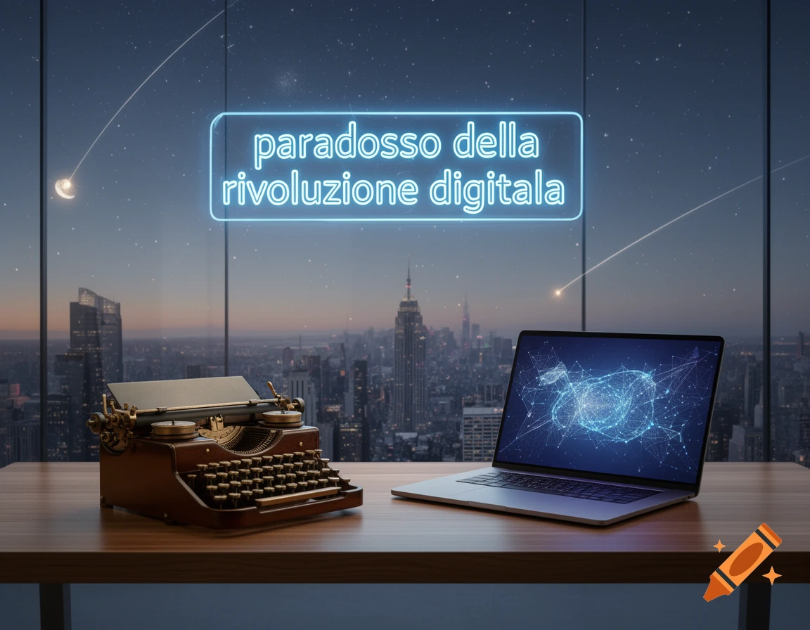 An old typewriter and a laptop on a desk overlooking a city skyline at dusk, with a neon sign reading 'paradosso della rivoluzione digitale' above.