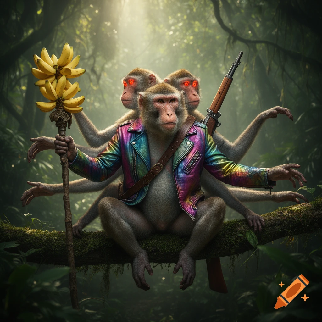 A multi-limbed monkey with red eyes wearing a rainbow jacket sits on a branch in a jungle, holding a banana staff and carrying a rifle in a photorealistic style.