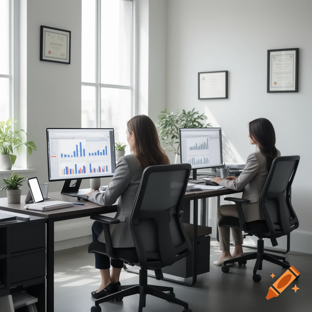 Two women viewed from behind, working at computers displaying charts in a modern office.