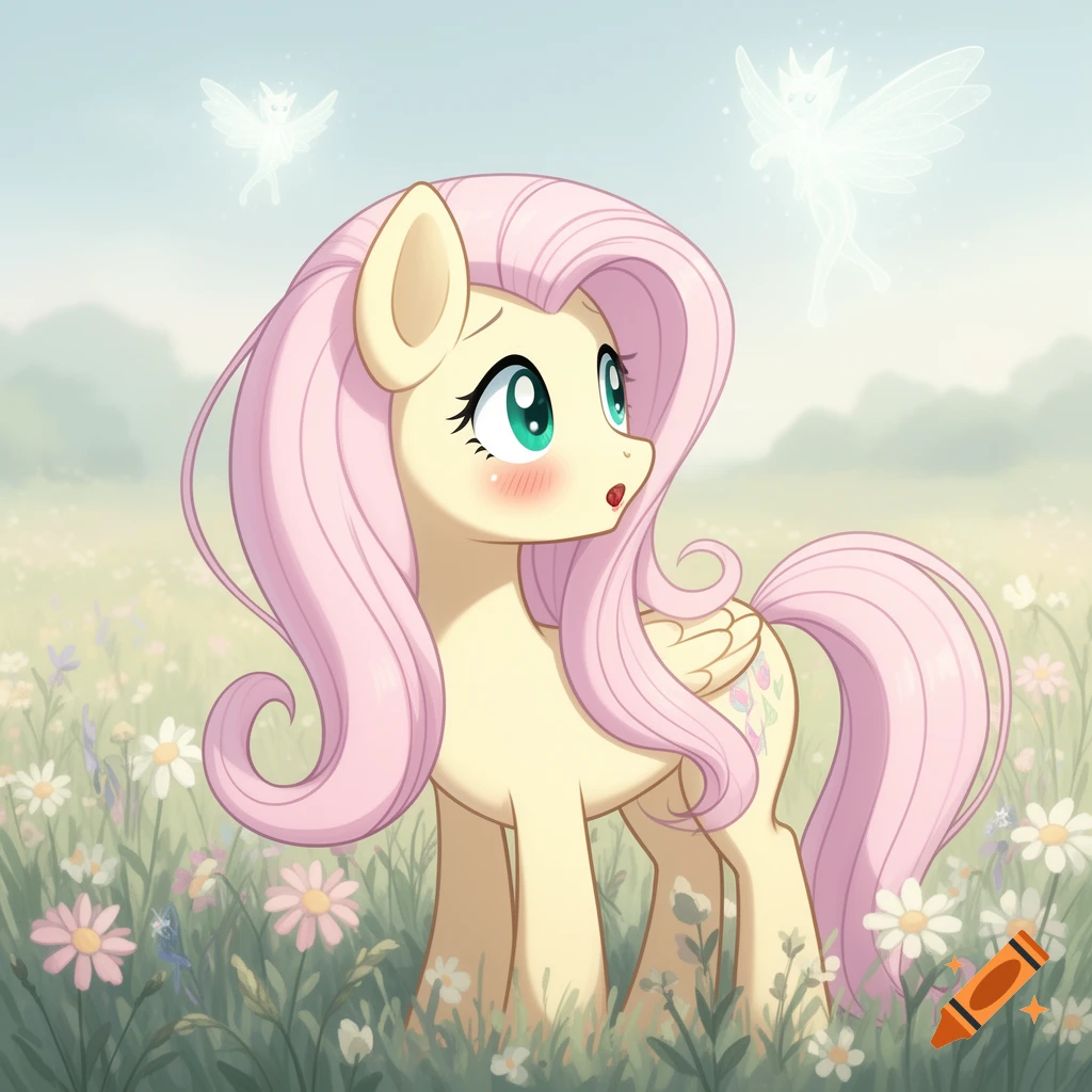 Fluttershy, a pale yellow pony with long pink mane and tail, blushes in a field of wildflowers as two ethereal fairies float above her.