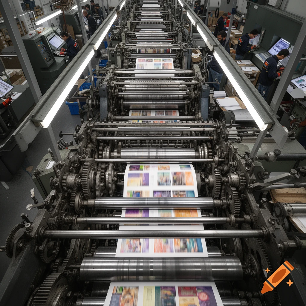 Photorealistic, high-angle view of a large industrial printing press with sheets of paper moving through its rollers, workers visible in the background.