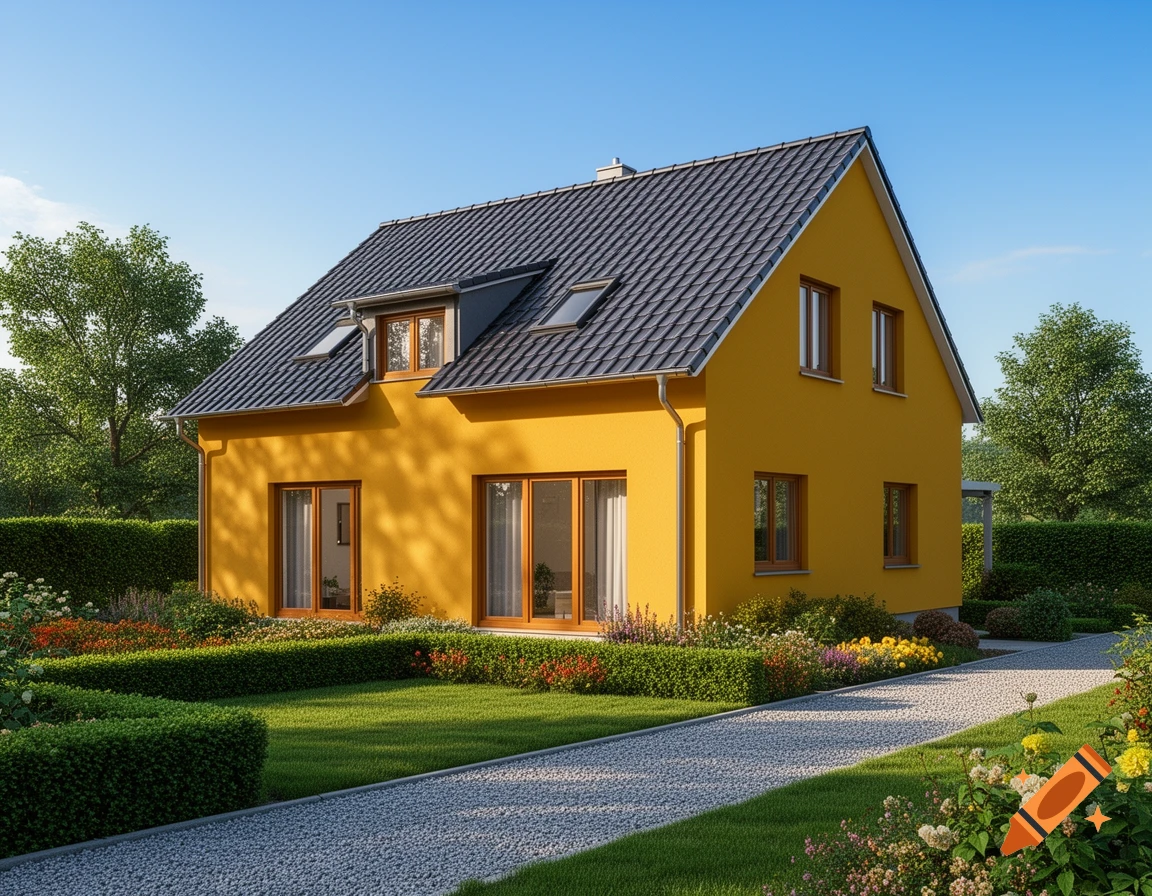A bright yellow detached house with a dark gray roof, surrounded by a lush green garden with colorful flowers and a gravel path, under a clear blue sky.