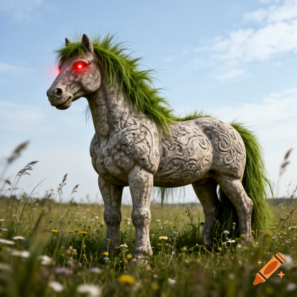 A photorealistic stone horse with a vibrant green mane and tail, and glowing red eyes, stands in a sunny field of wildflowers.