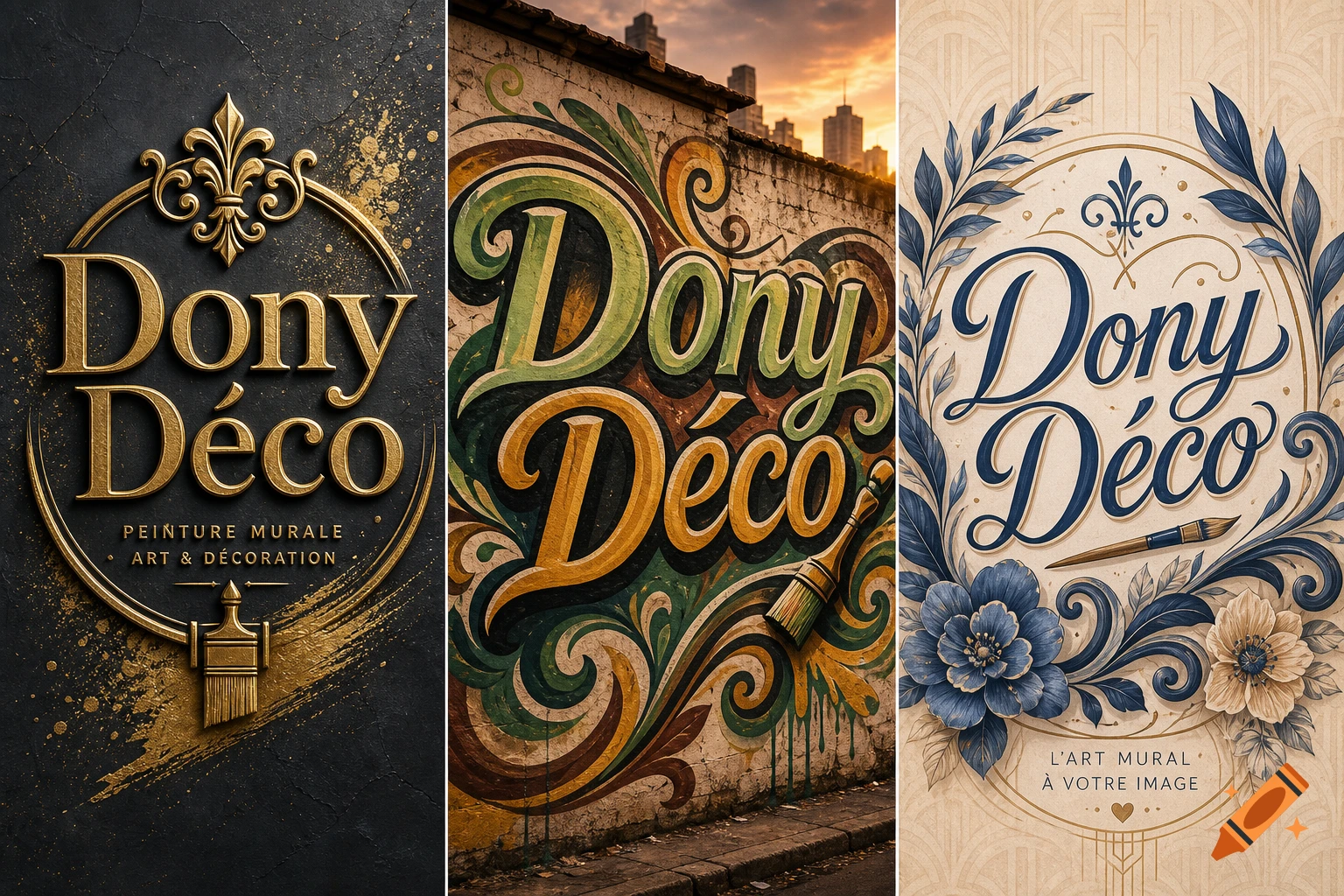 Three distinct logo designs for 'Dony Déco': a golden ornate emblem, a vibrant street art mural, and an elegant floral script design.