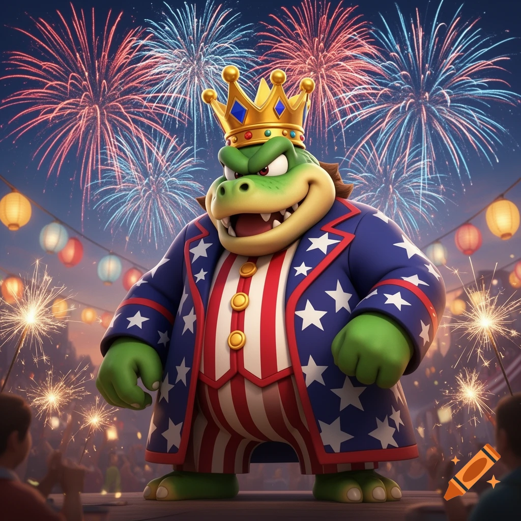 King K. Rool in a patriotic suit and crown, smiling under a night sky filled with fireworks and lanterns.