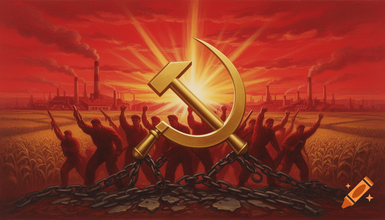 A golden hammer and sickle symbol shines brightly over workers and peasants raising fists and weapons, trampling broken chains. Factories and fields are in the background under a dramatic red sky, in a socialist realism painting style.