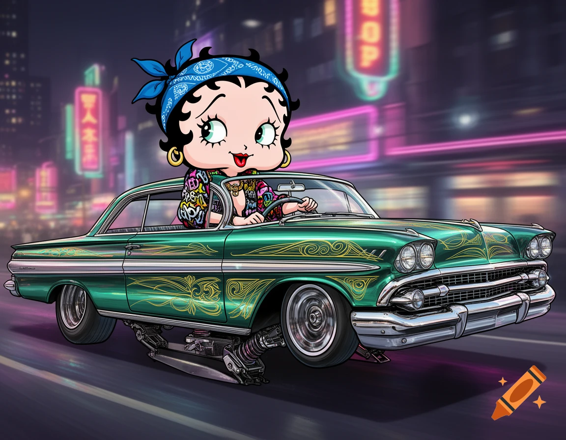 Betty Boop in a bandana and patterned shirt drives a green lowrider car with hydraulics, pinstriping, against a blurred neon city night background.