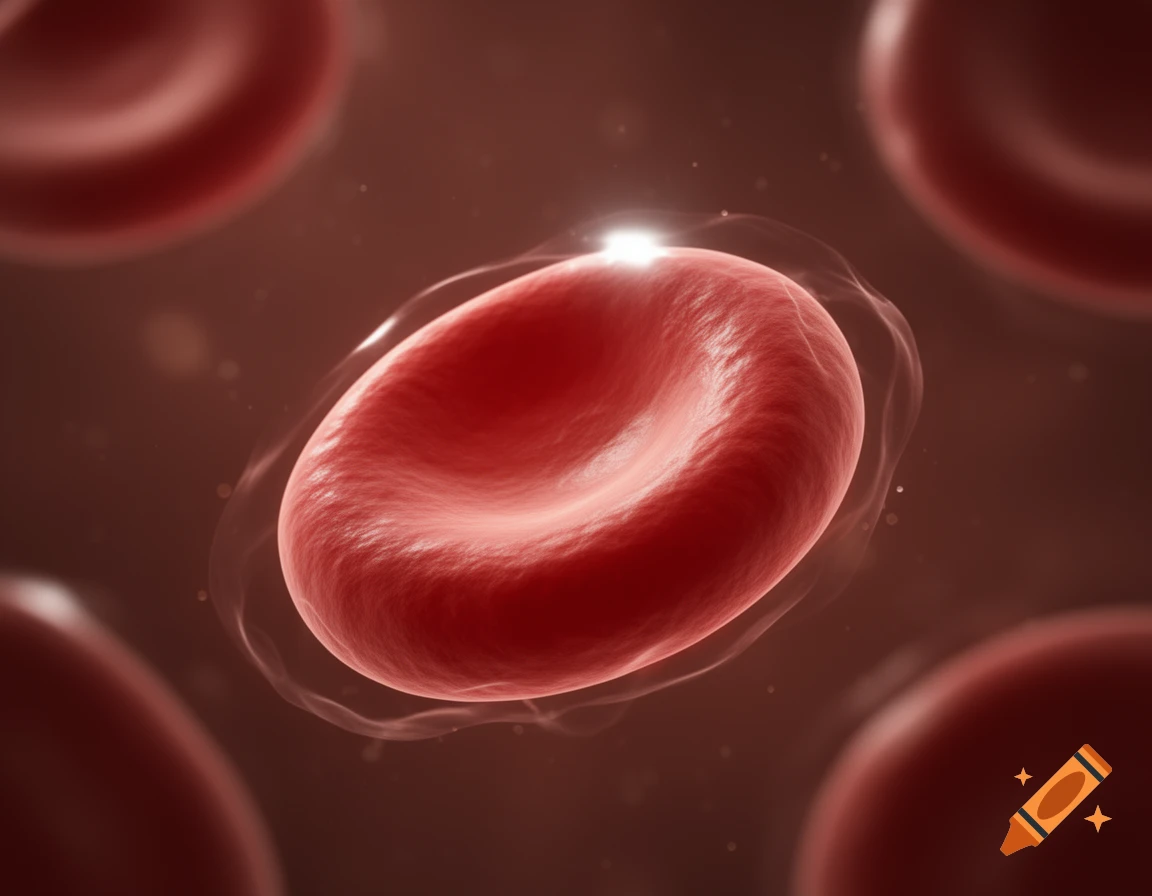 Detailed microscopic view of a single red blood cell with a bright highlight, surrounded by other blurred red blood cells in a reddish fluid.
