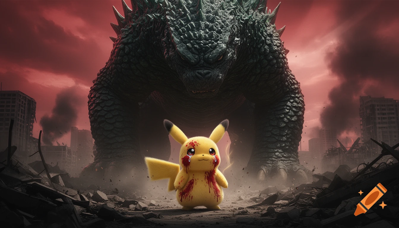 A bloodied, crying Pikachu stands in a ruined city with a giant Godzilla looming behind it under a red, smoky sky.
