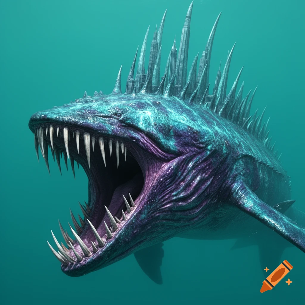 A massive, cyan and purple sea monster with an open mouth and sharp teeth swims underwater, featuring cityscape spines on its back.