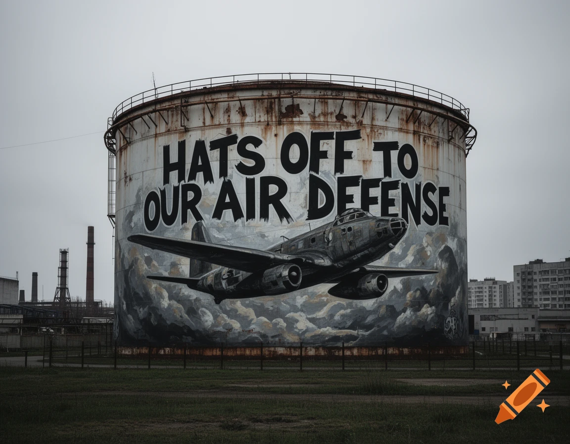A large, rusty industrial tank features a mural of a vintage airplane flying through clouds with the text "HATS OFF TO OUR AIR DEFENSE." Industrial chimneys and residential buildings are visible in the background under an overcast sky.