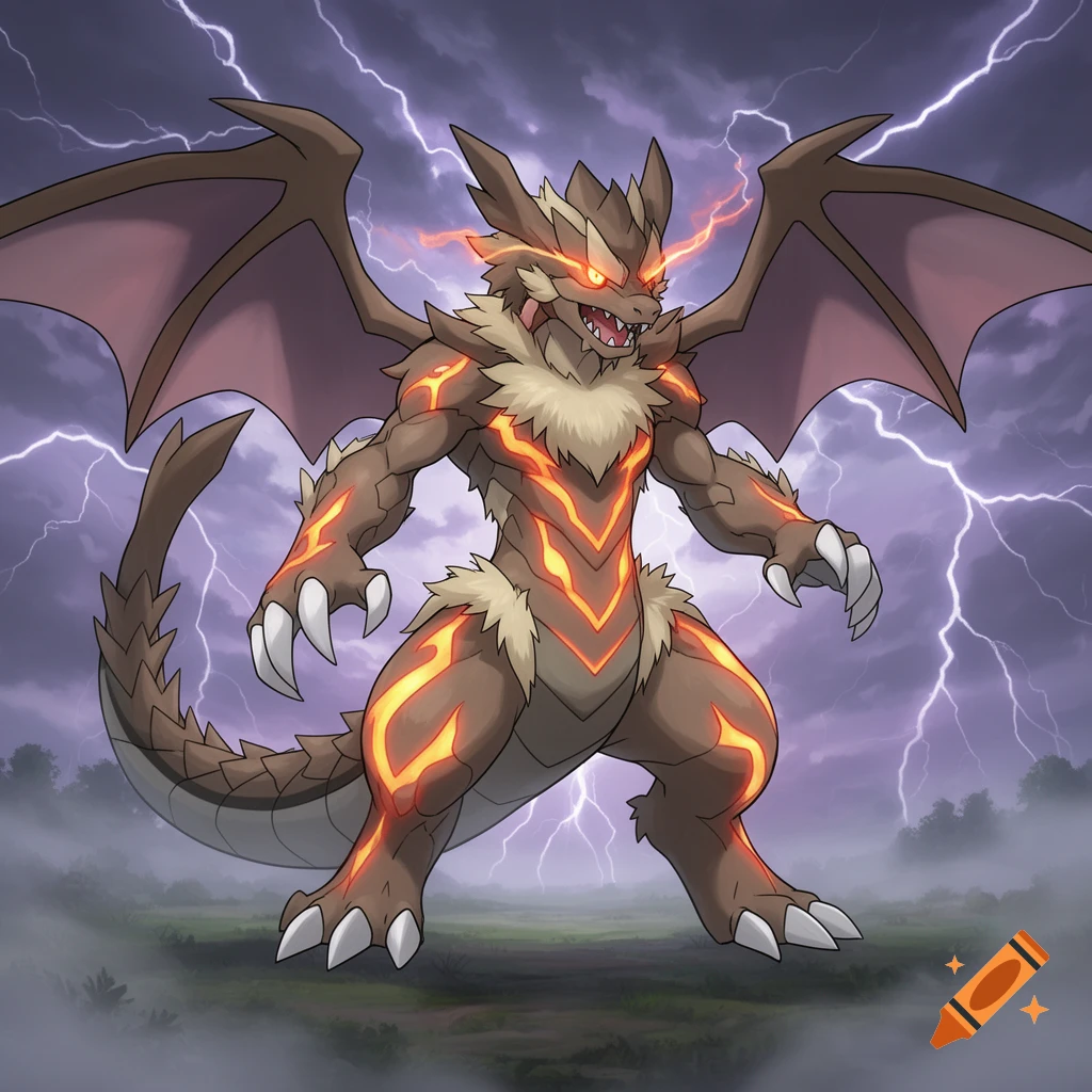 A stylized bipedal dragon-like monster with brown scales, glowing orange patterns, large wings, and red eyes stands against a stormy sky with lightning.