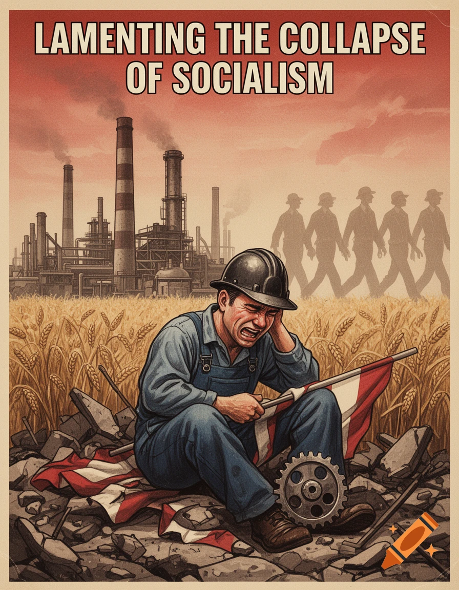 A retro propaganda poster shows a crying worker sitting in debris with a tattered flag, factories, and wheat fields.