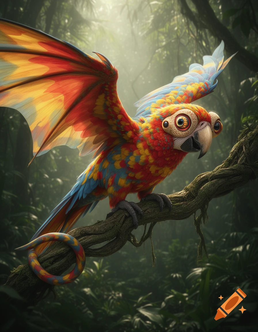 A vibrant, fantastical creature resembling a colorful macaw with dragon-like wings and chameleon eyes and tail, perched on a jungle branch.