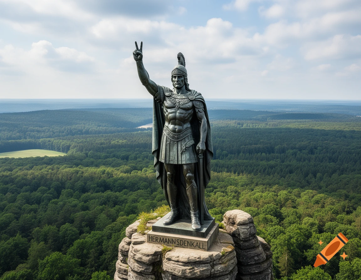 A large bronze statue of a warrior making a peace sign stands on a rocky outcrop, overlooking a dense green forest and a distant horizon.
