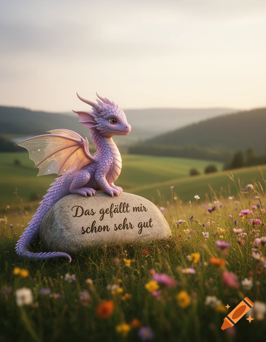 A cute purple dragon with translucent wings sits on a rock with German text in a vibrant wildflower field at sunset.