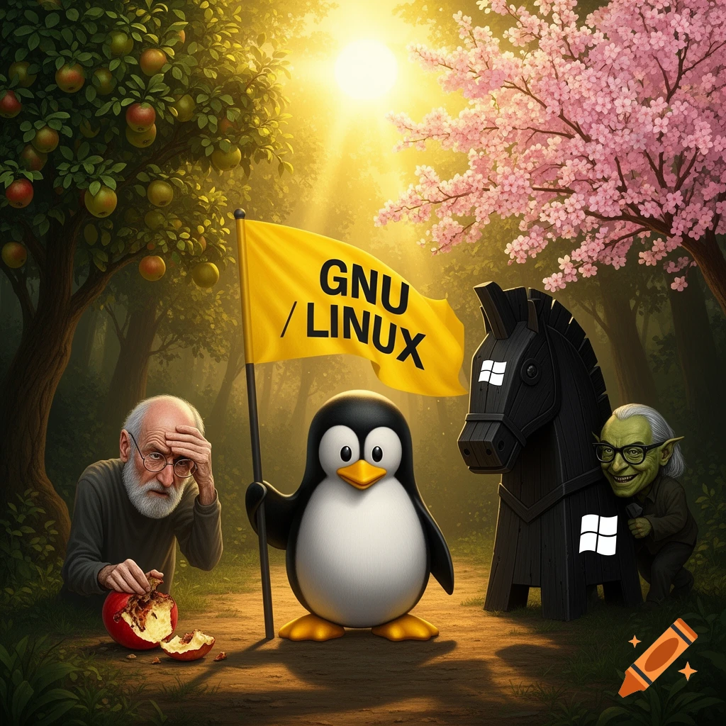 Digital painting of Tux penguin holding a GNU/Linux flag, a man resembling Steve Jobs, and a goblin-like Bill Gates pushing a Windows Trojan horse in a forest.