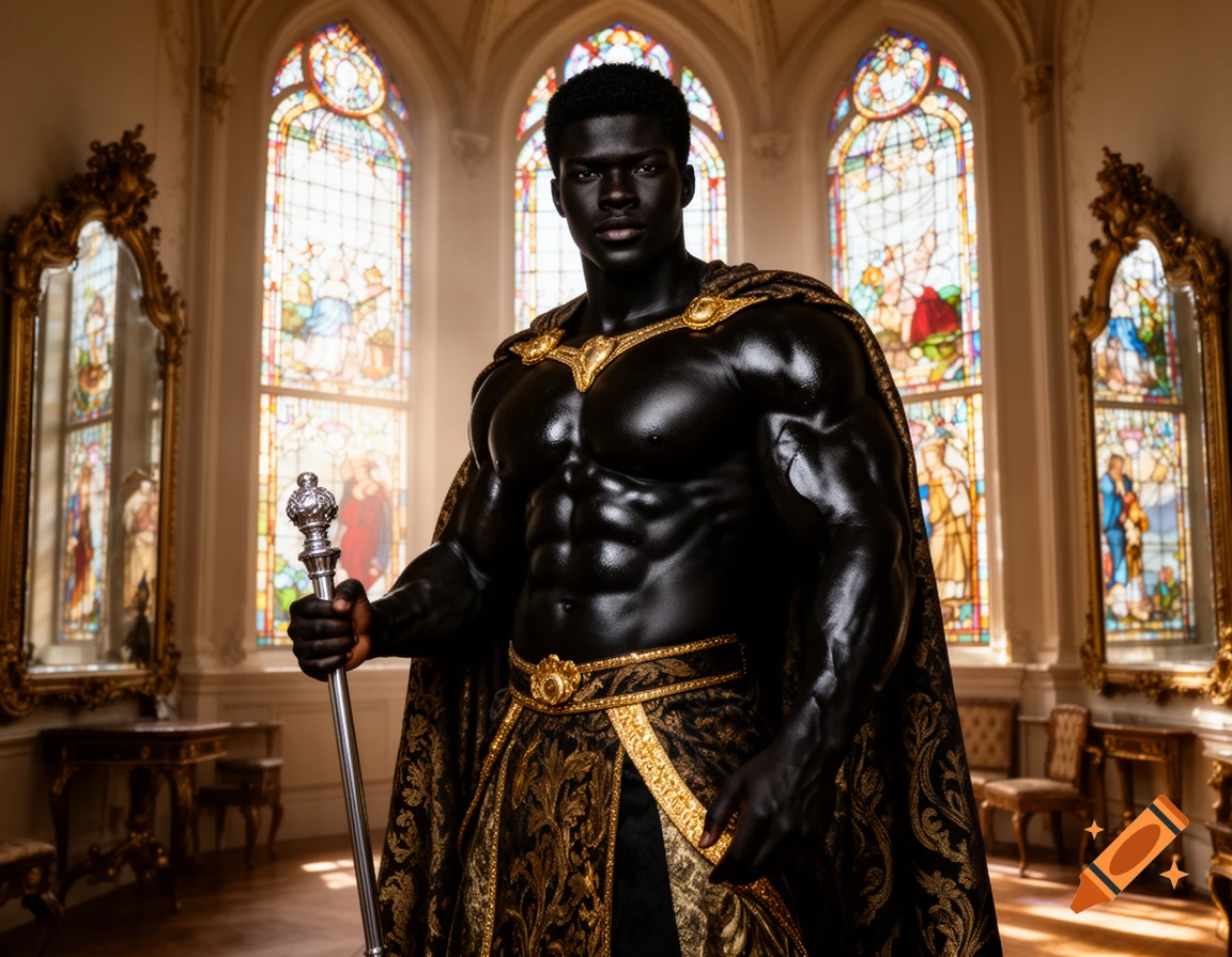 A muscular man with deep dark skin, wearing a gold and black cape and skirt, holding a staff in a lavish room with stained glass windows.