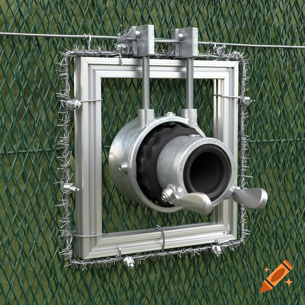 A photorealistic image of a Perrot coupling mounted within a square aluminum frame on a green chain-link fence with barbed wire.