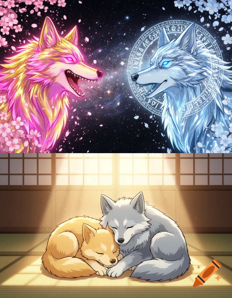 A split image; top half shows two cosmic anime wolves, one pink-gold, one ice-blue, surrounded by stars and runes. Bottom half shows two chibi wolves sleeping.
