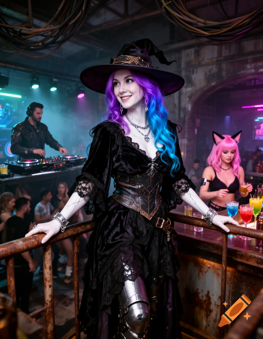 A cyberpunk witch with purple and blue hair, wearing a black velvet gown and witch hat, stands on a mezzanine overlooking a bustling nightclub with a DJ.