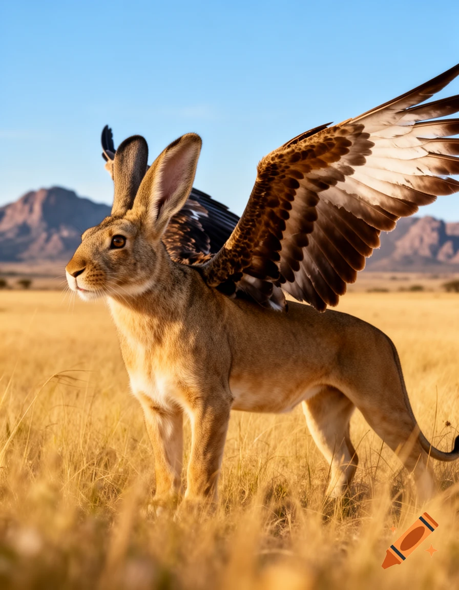 A fantasy creature with a hare's head, lion's body, and eagle wings stands in a sunlit grassy field with mountains.