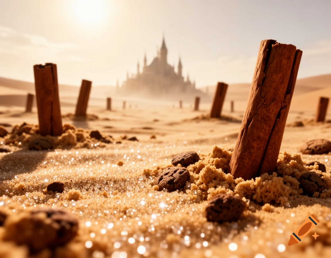 A fantasy desert of glittery crumbled cookies and sugar, with large cinnamon sticks sticking out of the ground and a castle in the distance.