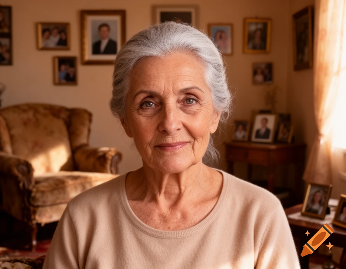 A close-up portrait of an elderly woman with gray hair smiling faintly in a warm, sunlit living room with framed photos.