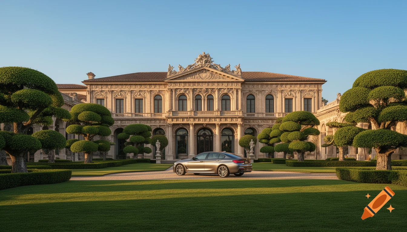 Photorealistic image of a luxurious Italian-style mansion with ornate details, a manicured lawn, sculpted trees, and a silver BMW parked in front.