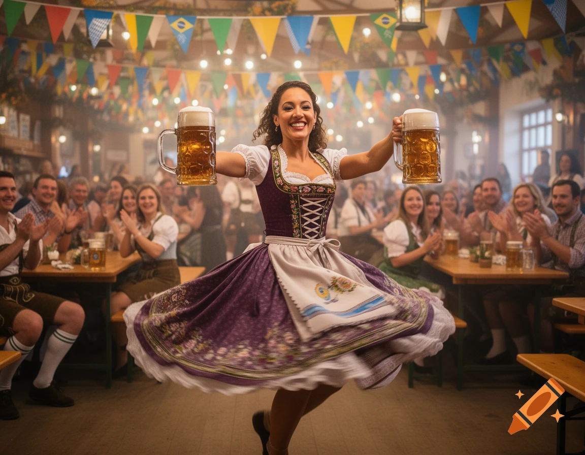 Smiling woman in a purple Bavarian dirndl dances with two steins of beer in a festive, crowded beer hall with cheering people.