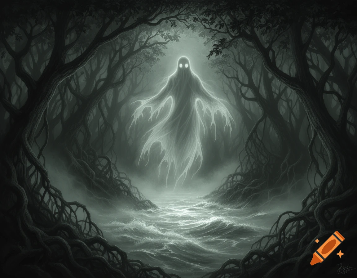 A glowing, ethereal ghost with two white eyes hovers over a turbulent river, surrounded by a dark, gnarled forest.
