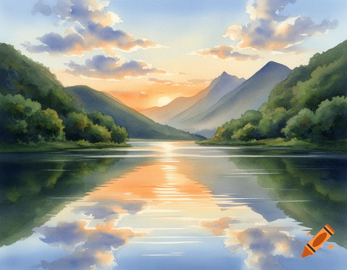 Watercolor painting of a tranquil lake reflecting a sunset sky with clouds, surrounded by green mountains and trees.