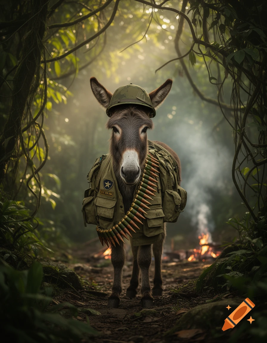 A photorealistic image of a donkey dressed in a military uniform, wearing a helmet and a bandolier, standing in a jungle with a distant fire.